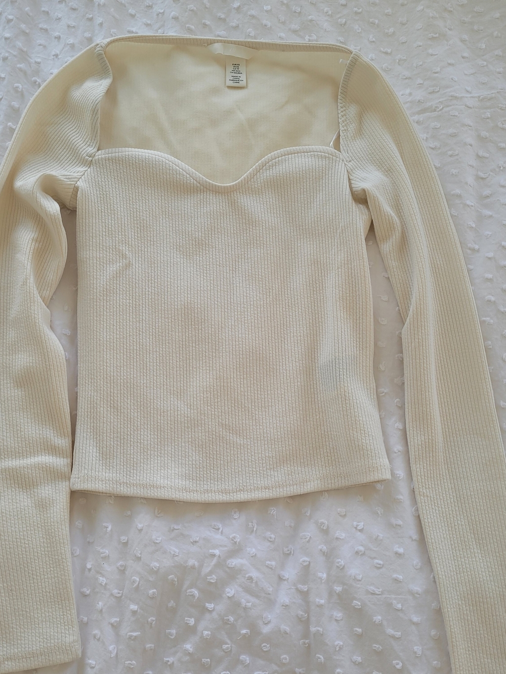 H&M Cream Ribbed Long-Sleeve Sweetheart Neck Top